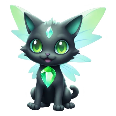 Shiny, Sparkly, Black Dark-type-Fairy-Type-Psychic-Ice-type-Fakémon-Cat Purple eyes, green gem, full body sticker