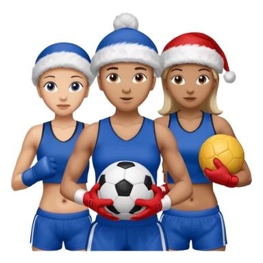 crie a imagem de 3 atletas, um homem no meio e duas mulheres, de modalidades esportivas diferentes, usando elementos esportivos, como por exemplo bola de futebol, luvas de luta e bola de vôlei... e usando um chápeu de papai noel das cores verde e azul e roupas azul sticker