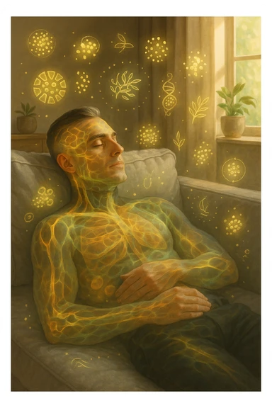 Uomo sdraiato su un divano nel primo pomeriggio, mentre fa un breve riposino. Il suo corpo appare parzialmente trasparente o stilizzato, con luce calda e flussi energetici dorati e verdi che scorrono attraverso muscoli, cervello, e organi. Intorno a lui si vedono piccoli simboli di rigenerazione: cellule che si rinnovano, tessuti che si illuminano, aura rilassata. L'ambiente è calmo e ordinato, luce naturale che entra da una finestra, atmosfera rigenerante, stile iperrealistico con accenti metaforici. sticker