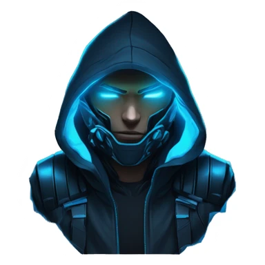 Hacker behind his laptop with this style : crysis Cyberpunk Valorant neon glowing bright blue character blue black hooded assassin themed character sticker