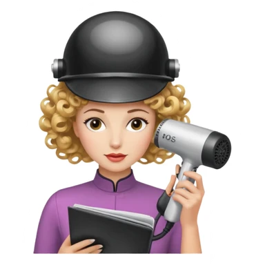 Emoji de mujer con casco secador, pelo recogido, rulos y leyendo revista, estilo vintage chic sticker
