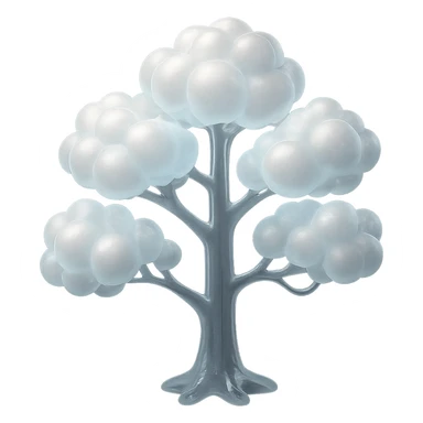 one tree with many branches, trunk made of small very bright white fluffy convex clouds, matte glass style sticker