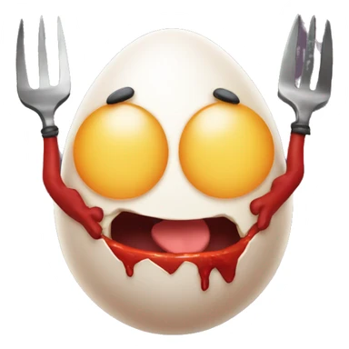 Egg with devil features and a pitchfork sticker