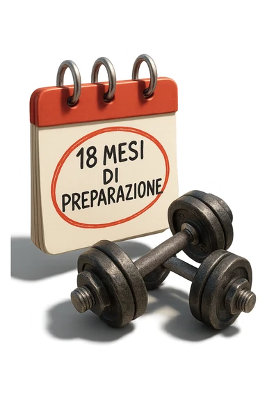 foglio di calendario con manubri da palestra disegnati e la scritta a penna "18 MESI DI PREPARAZIONE" CERCHIATA IN ROSSO, FALLO MOLTO REALISTICO IN 3D sticker