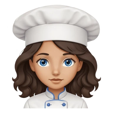 A girl with long, dark brown, wavy hair, grey-blue eyes. He cooks in the clothes of a cook sticker