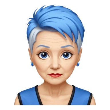 reife frau, achtzigJahre alt kein kind! freche extreme schwarze Kurzhaarfrisur eine Seite wirklich fast keine Haare andere Seite mit blauer Strähne kurze Seite noch viel kürzer sticker