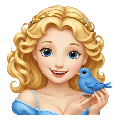 Cinematic Adorable Cinderella Portrait Emoji, Giggling softly while holding a tiny bluebird, golden curls bouncing, eyes sparkling with joy, wrapped in a soft golden glow, exuding warmth and charm, an irresistible blend of beauty and playfulness! sticker