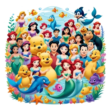Icon for Animated Characters: A colorful, large-scale collage of beloved cartoon characters, including Franco, Mickey Mouse, Winnie-the-Pooh, Ariel the Little Mermaid, Jasmine and others. Bright and vibrant, full of whimsical charm. Transparent background. sticker