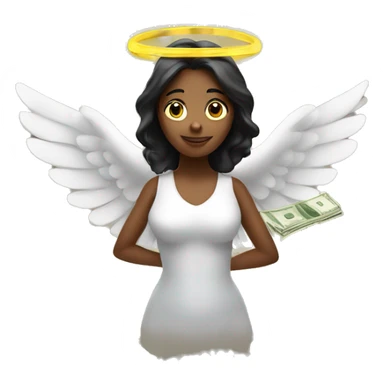 A lady with halo and money with wings underneath her chest sticker