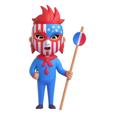 ruthless boy emoji with wild expression, mask painted in red, white, and blue stripes, holding a sharp stick, inspired by Lord of the Flies sticker