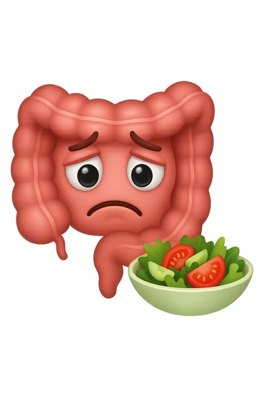 EMOJI STILE IPHONE DI UN INTESTINO UMANO ANATOMICO CHE GUARDA UN INSALATA CON ESPRESSIONE TRISTE E RASSEGNATA IN VOLTO: SOFFRE LA FAME PERCHé è A DIETA, FAGLI ANCHE LA PARTE BIANCA DEGLI OCCHI, NON SOLO LE PUPILLE sticker