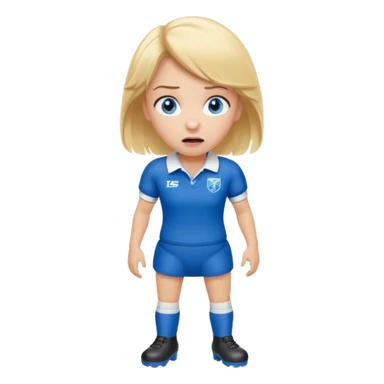 chica rubia con cara de miedo vestida con equipación de rugby con unas botas inflables sticker