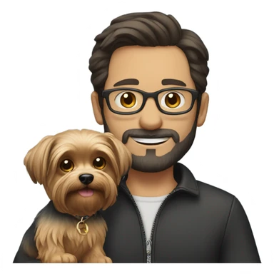 Dark haired white guy with facial hair and glasses holding a yorkie  sticker