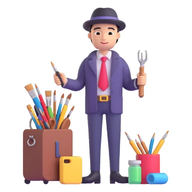 professional artist character with creative attire and artistic tools, high-resolution 3D style sticker