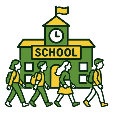 Add students walking in front of the school building in a minimalistic style with a green, gold, and white color scheme. Use clean lines, with no background. sticker