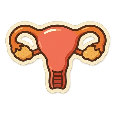 Retro stickers style variant of a uterus with more pronounced ovaries, soft rounded shapes, expressive contours, vintage color palette, light paper texture, shadows and highlights, transparent background. sticker
