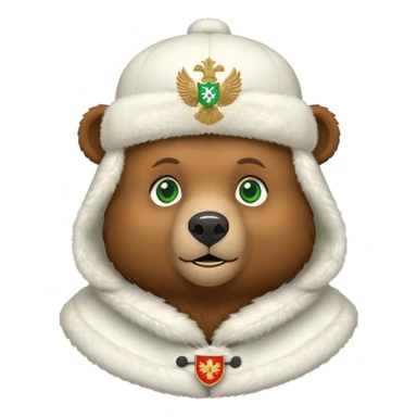 Minimalist cute brown bear head with green eyes, wearing white ushanka hat with simplified Russian double-headed eagle coat of arms, iOS emoji style sticker