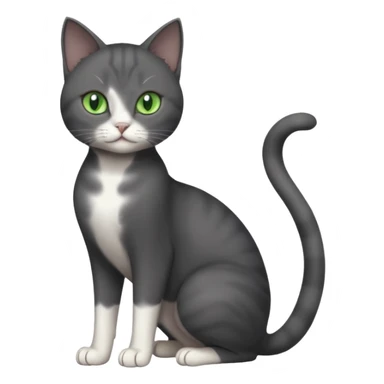 full body view of beautiful female dark grey cat with green eyes, white toes and white patch on chest sticker