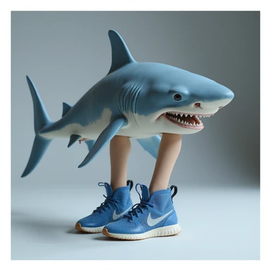 realistic shark with human legs wearing blue Nike sneakers, photorealistic style sticker
