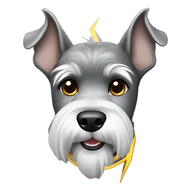 Gray schnauzer with pointy ears wearing a lightning bolt collar sticker