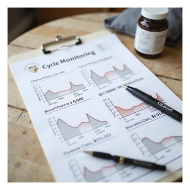 hyperrealistic 4K cycle monitoring sheet with graphs of weight, blood pressure, blood values, pen and supplements nearby, detailed sticker