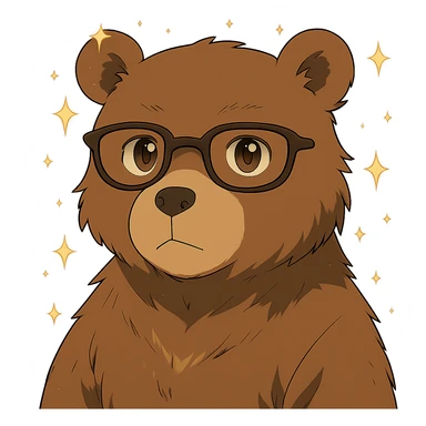 Add magical sparkles around the chibi bear with glasses. Keep the image with no background. sticker