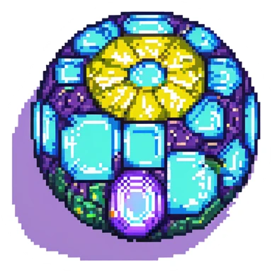 blue gem with cracks, cracks shining in green, yellow, and purple, pixel art style sticker