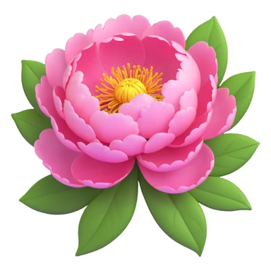 A pink peony flower in 3D iOS style with green leaves, detailed petals, and a soft, vibrant color scheme. sticker