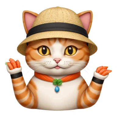 cat with its fingers crossed wearing a hat made out of sushi sticker