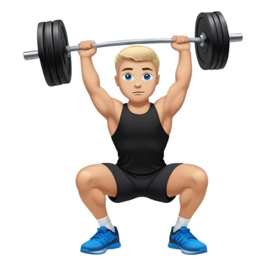tanned man blue eyes black shorts black t shirt blue shoes barbell squats sticker