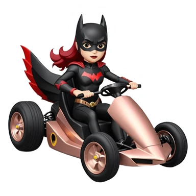 Hot full size real size-appearance electric road racing sexy BatWoman’s feminine midnight-colored tight outfit sixty’s tv show 1992 dark stealthy sporty safe plush petite off-road pursuit cruiser car rose gold accents (black hair,reclined and relaxed torso and shoulders seating position) go kart  sticker