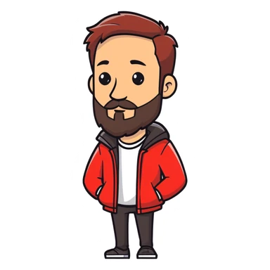 a man weraing a red jakect putting his right arm in a winkel of 45 degreed and a beard that us under his nose sticker