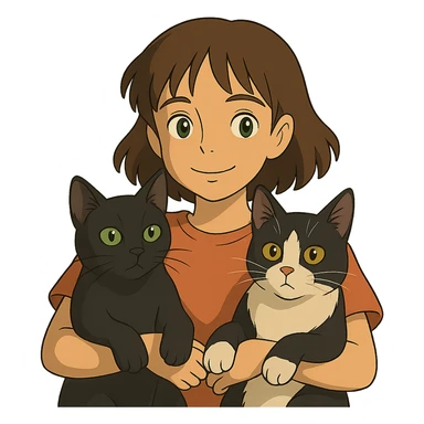 ghibli style brown haired girl with light tan skin and brown eyes holding a black Bombay cat with green eyes and a black and white Tuxedo cat with hazel eyes sticker