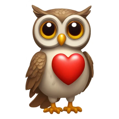 Friendly owl with big eyes holding a red heart sticker