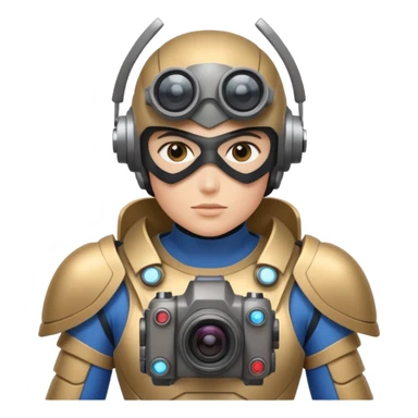 Un photographe high tech du futur, avec du matériel, une armure de terrain à la super héro. Il a des appareils photos, des caméras embarquées et un drone  sticker