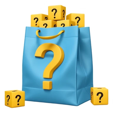 White bag with yellow questions mark cube boxes stuffed in it sticker