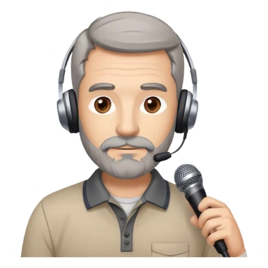 male, brown and gray hair, brown and gray beard,  hazel eyes, athletic build with khakis and a polo, technology teacher, podcast studio background, microphones and earphones, ultra realistic, memoji-style, 3d render, photo, anime, illustration sticker