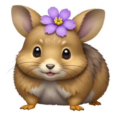 small round pika on all fours, turned at an angle, with a small light purple flower in its mouth sticker