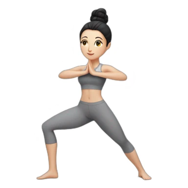 Pale skinned fit woman In a gray tight yoga suit and wristbands With black hair in a bun doing yoga sticker
