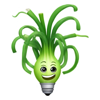 Smiling green onion with a bundle of long, thin green stalks as hair, big expressive eyes, and a cheerful cartoonish face on the white bulb section. Vibrant and playful design. sticker