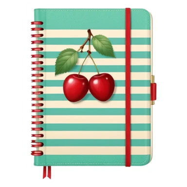 Cute vintage notebook cover, mint and cream vertical stripes, red spine
Hand-drawn cherries with leopard bow, playful feminine aesthetic
Flat illustration, clean composition, soft retro color palette sticker