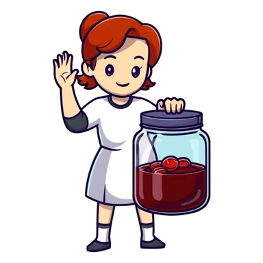 redhead woman showing a glass jar with jam at arms length, closeup sticker
