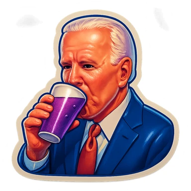 Joe Biden drinking a purple liquid from a white cup sticker