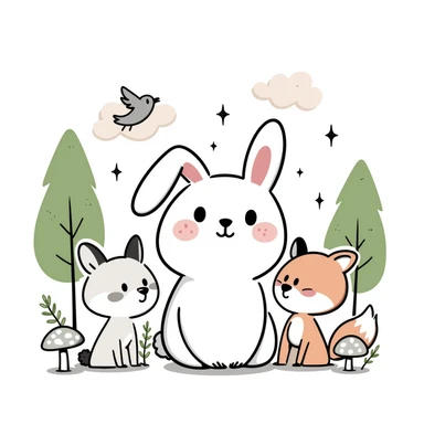 kawaii mori forest in hand-drawn Japanese style, soft pastel bunny with round baby face, big sparkling eyes, pink blush, surrounded by squirrel, bear, fox, and bird, soft pastel green forest with dreamy clouds, pastel stars, mushrooms, soft pastel tones, transparent background, high resolution sticker