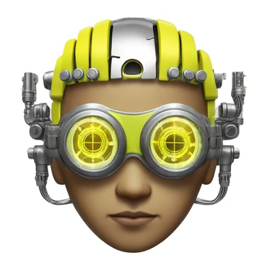 Neon yellow short hair Asian male cyborg head with silver steampunk goggles and circuits sticker
