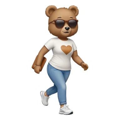 friendly anthropomorphised female bear in jeans and a t-shirt, wearing dark sunglasses, jogging upright in standard pose sticker