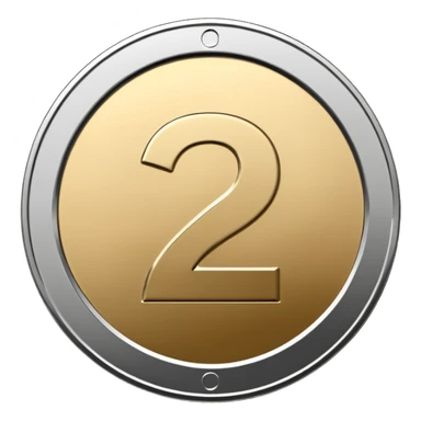 Emoji icon of a metal coin with engraved number 2, minimalist style, isolated, only metal color sticker