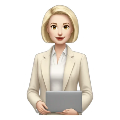 pale skin woman with ash blonde Straightened bob Hair, White Spacious classical jacket, beige palazzo Arrow pants and gray blouse holding a MacBook in the hands sticker