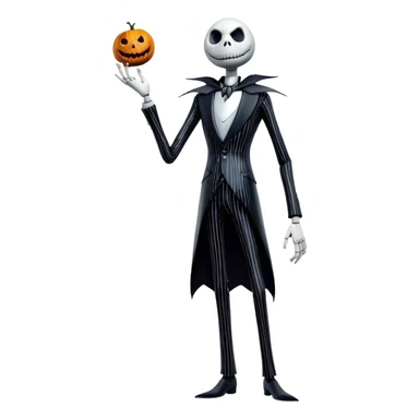 Full body view Cinematic 3D ultra realistic 32K HD image of Jack skellington, stunning detail as though captured in a timeless photograph, rich textures, visually rich, so lifelike that it feels like it could leap off the page at any moment sticker