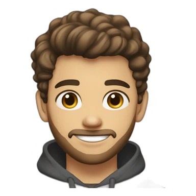 young man  fit with short beard smiling medium long curvy rockabilly style brown hair with light skin and dark brown eyes wearing dark gray sweatshirt hoodie sticker